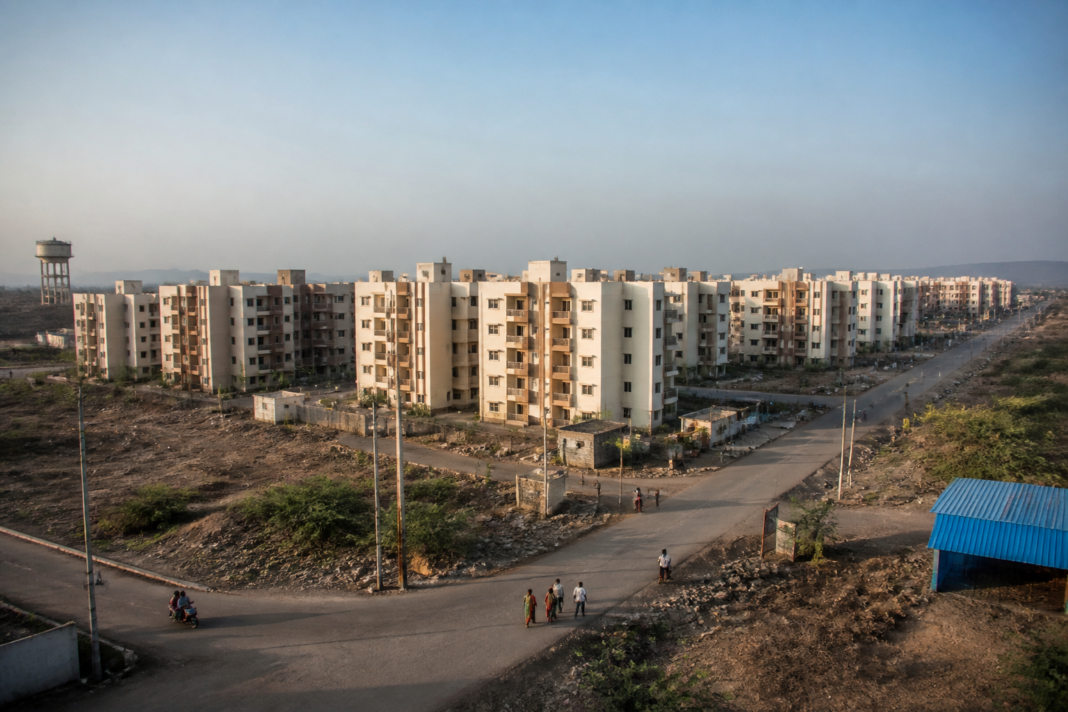 Ray Nagar housing project buildings at Kumbhari near Solapur, showing the large residential complex planned for housing beneficiaries