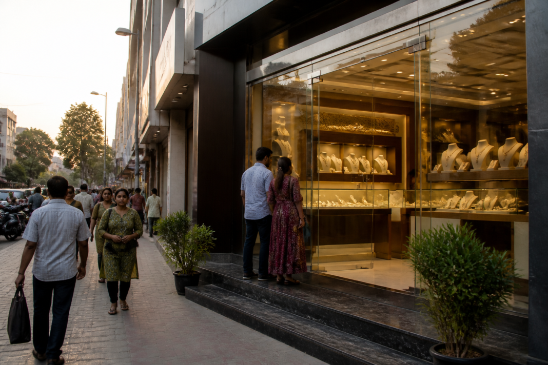 A jewellery retail storefront in an Indian tier-II city representing DP Abhushan's expansion