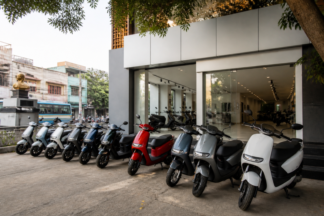 Electric two-wheelers displayed outside a modern dealership in India, illustrating VinFast’s planned electric scooter entry