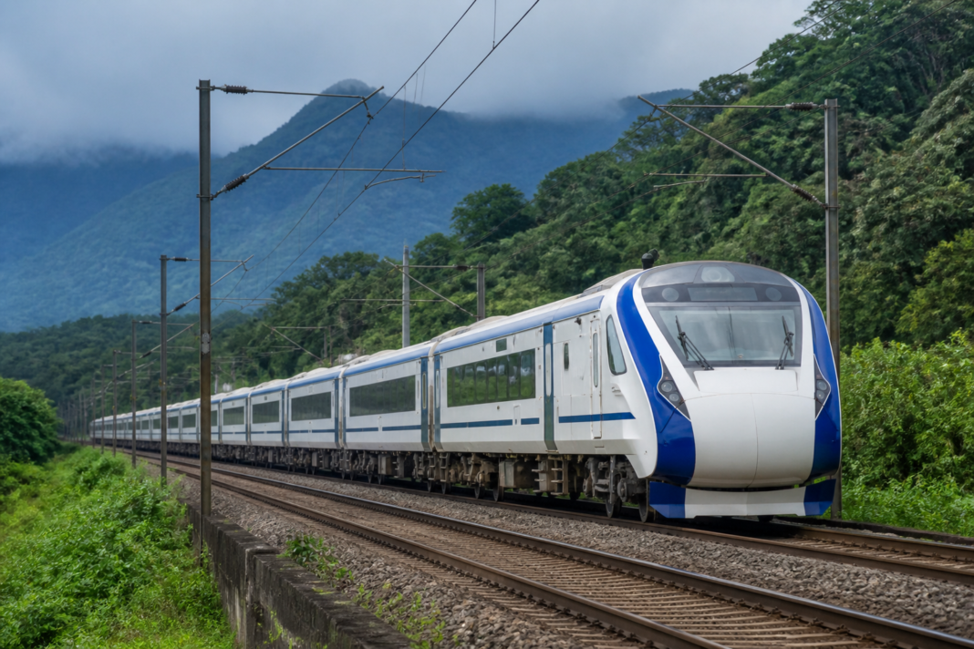 White-and-blue 16-coach Vande Bharat Express during a trial run on the Yesvantpur–Mangaluru railway route