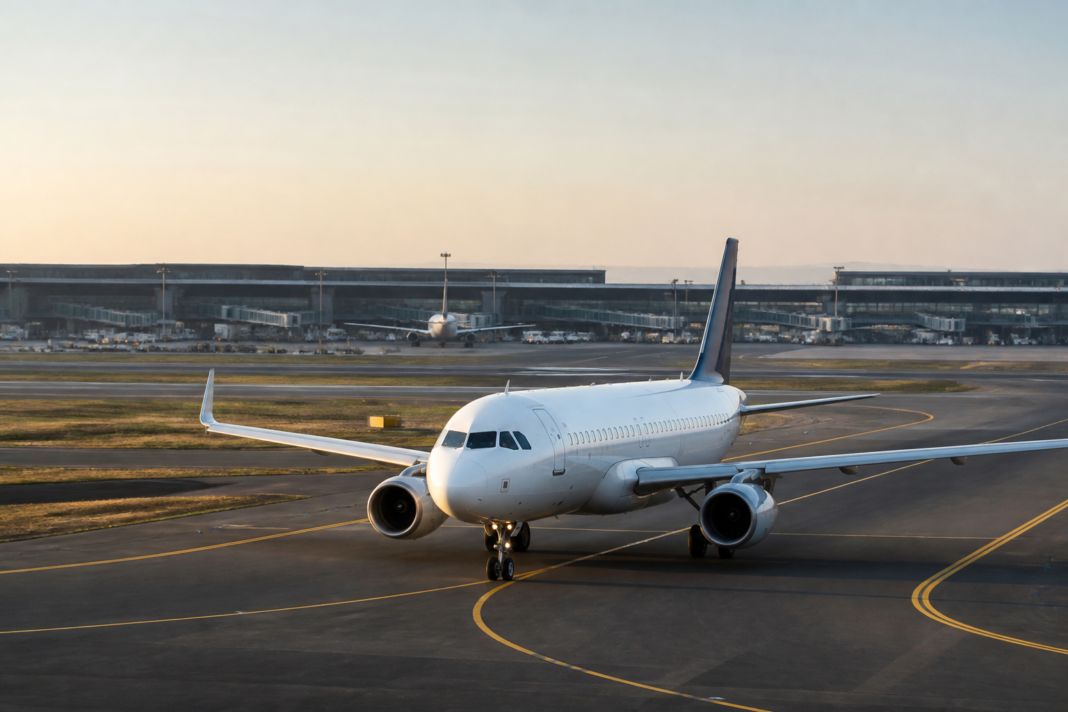 Passenger aircraft on the runway at Kempegowda International Airport in Bengaluru