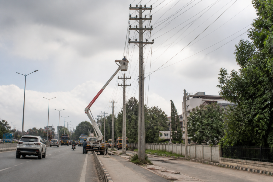 Electricity poles installed along Bengaluru’s airport road near Palace Guttahalli Junction
