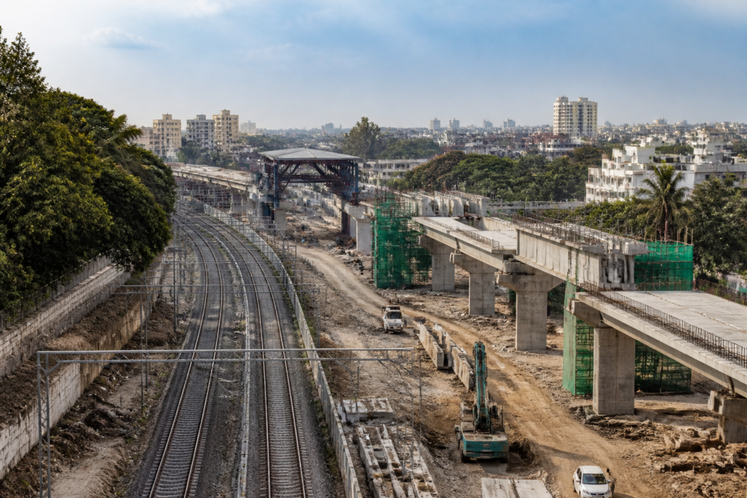 Construction works for the Bengaluru suburban rail project along the Chikkabanavara-Yeshwantpur corridor