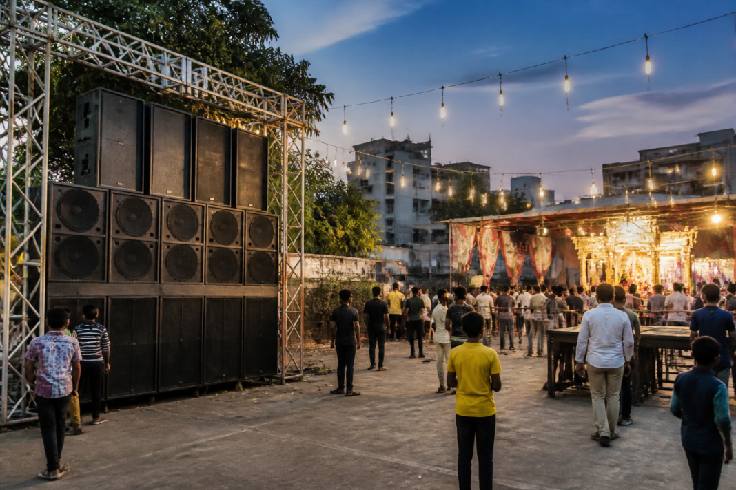 Festival sound system and public gathering in Thane, Maharashtra, illustrating debate over festival noise rules