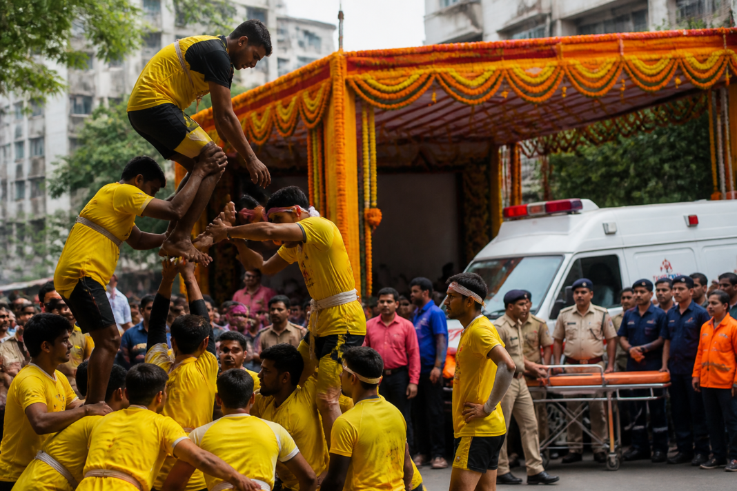 Govinda participants forming a human pyramid during a Dahi Handi event in Thane