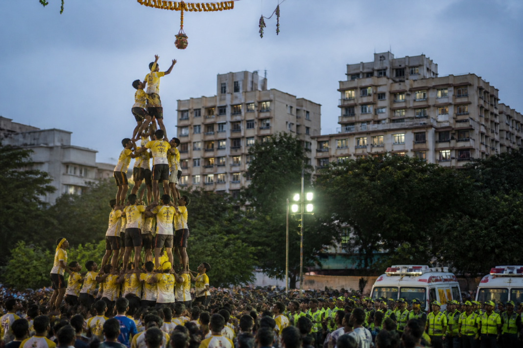 Govindas forming a human pyramid during a Thane Dahi Handi celebration