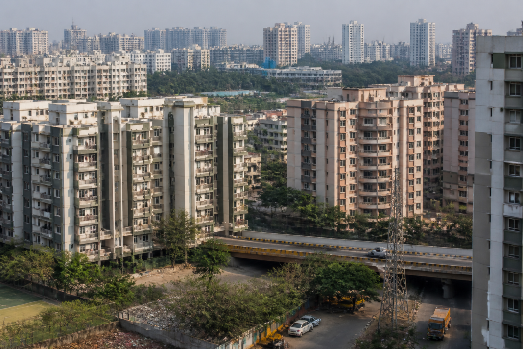 Navi Mumbai cluster redevelopment area in Ghansoli, showing apartment buildings and surrounding urban infrastructure