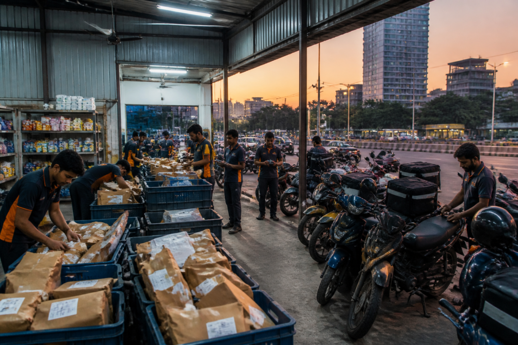 Quick commerce delivery worker loading festive shopping parcels near an urban fulfilment centre in India