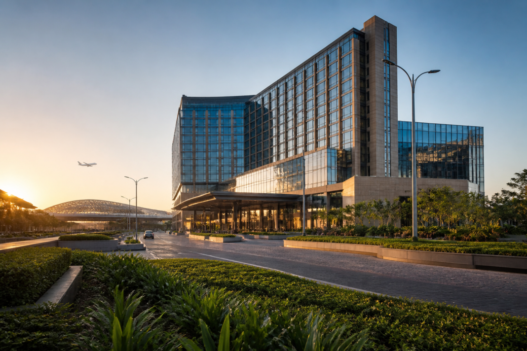 Chalet Hotels expansion represented by a modern urban hotel complex near an airport and commercial district