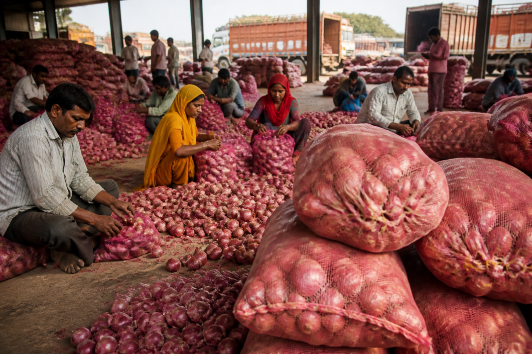 Onions being sorted and packed for a government buffer stock sale in an Indian urban market