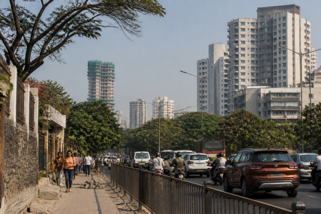 Dense mid-rise and high-rise construction along a Pune road corridor, showing urban infrastructure and traffic conditions