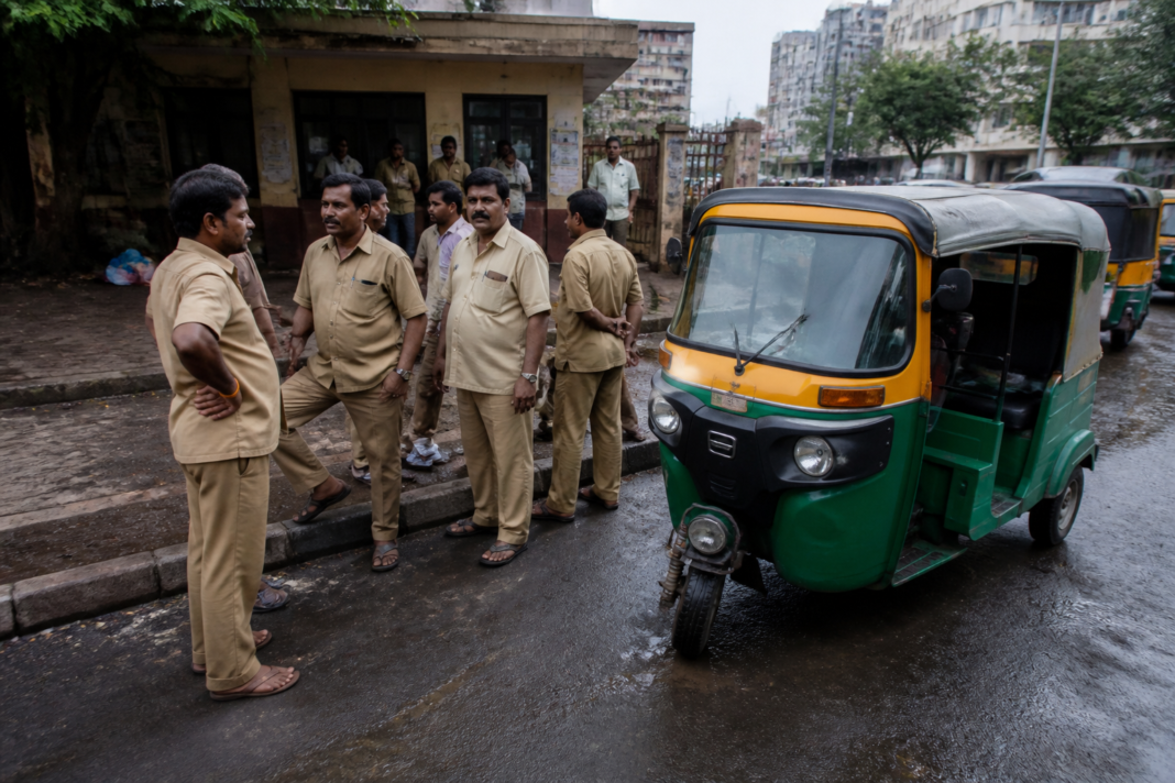 Autorickshaw drivers gathered near the Kalyan Regional Transport Office area in Maharashtra