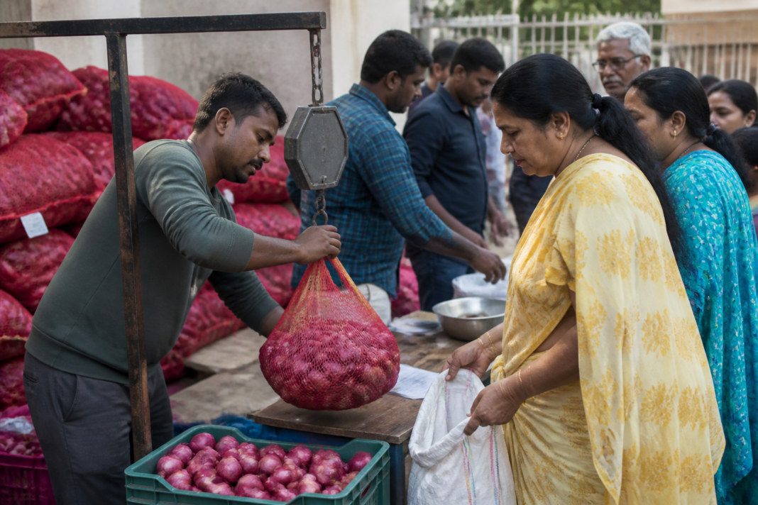 Government buffer onions being distributed at a subsidised retail outlet in an Indian city