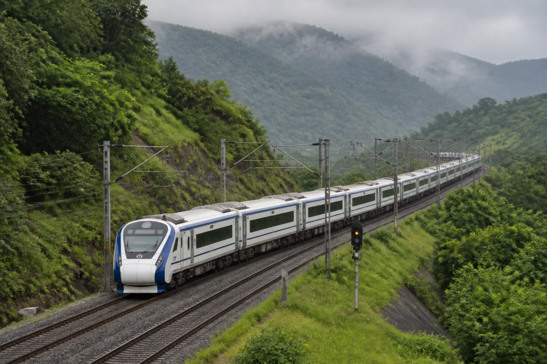 A white-and-blue 16-car Vande Bharat Express during a trial run on the Yesvantpur-Mangaluru railway route