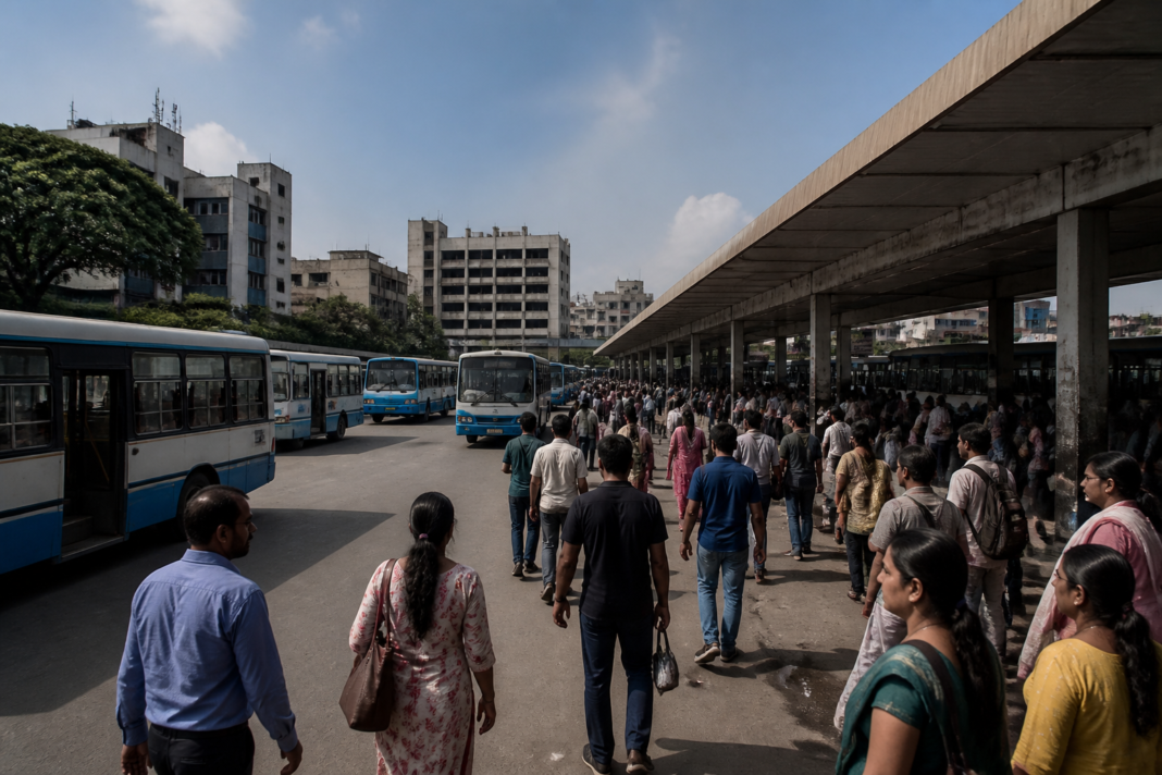 Passengers and BMTC buses at Bengaluru’s Shivajinagar bus stand, where the Lokayukta has sought a review of medical facilities