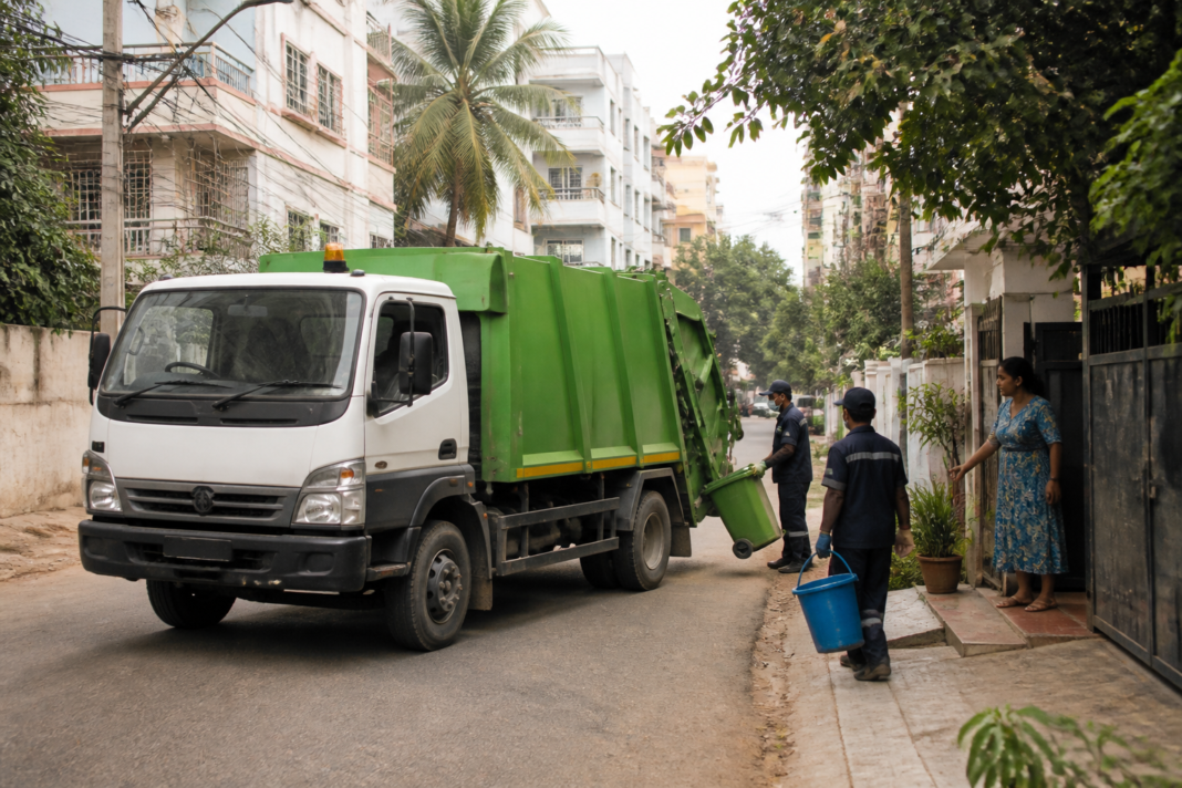 Waste collection vehicle operating on a Bengaluru residential street as part of the city’s proposed GPS-enabled doorstep collection system
