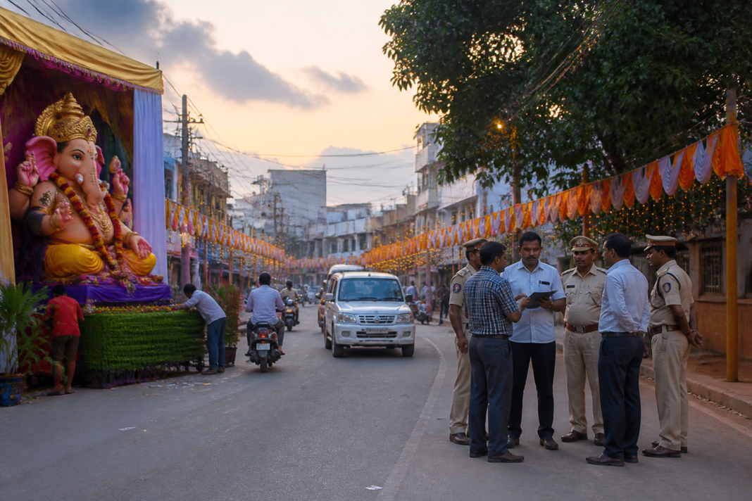 Ganeshotsav decorations and a community celebration area in Hosadurga under festival safety rules