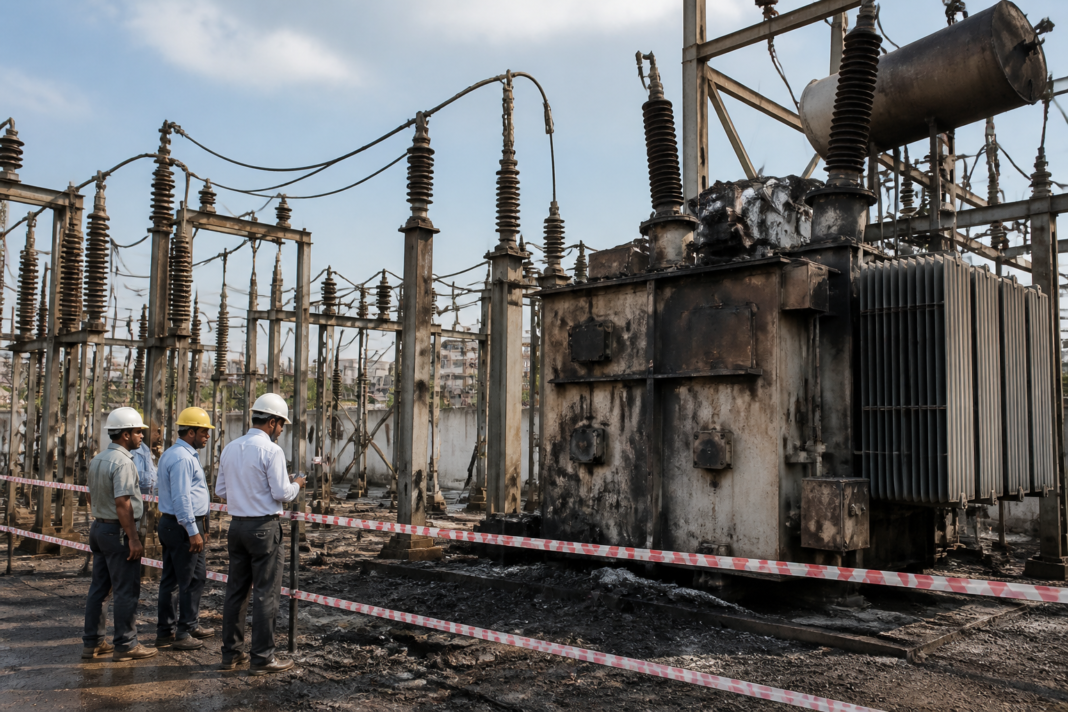 Electrical substation infrastructure in Chinchwad after a fire caused a major Pune power outage