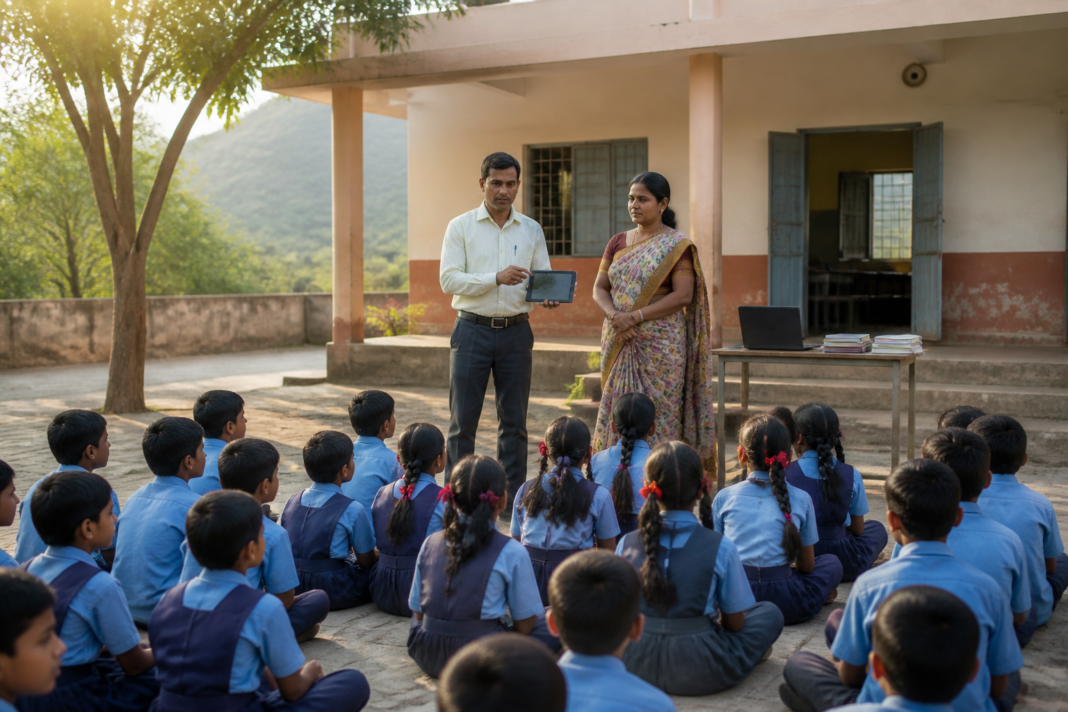 Students and teachers at a Pune Zilla Parishad school during an educational programme