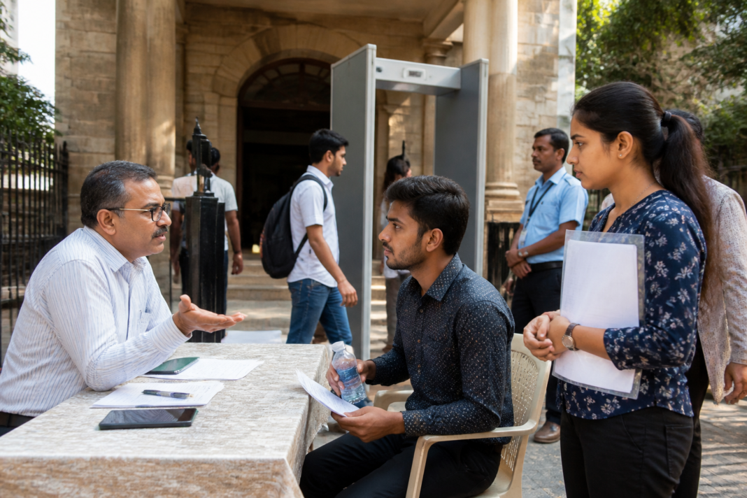 Students attending an examination consultation at Savitribai Phule Pune University in Pune for Maharashtra government recruitment exams