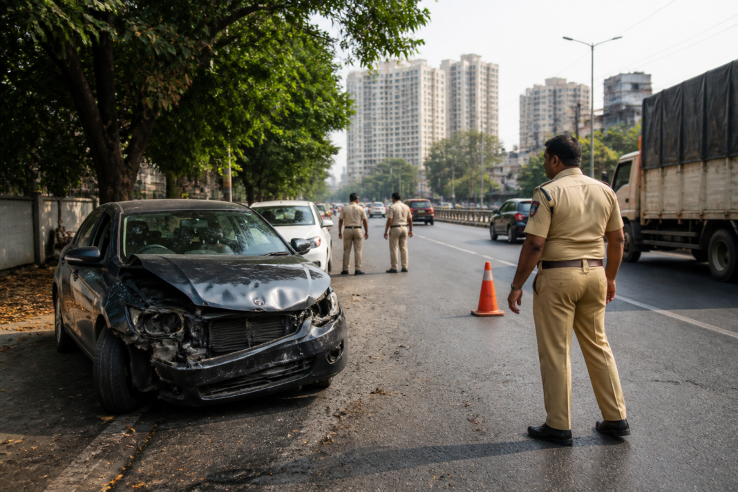 Police and emergency responders at the site of a car accident in Kalwa, Thane