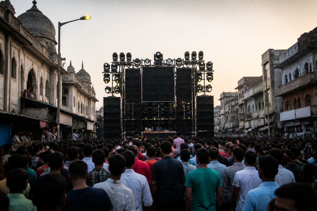Festival sound system and public gathering in Maharashtra illustrating the debate over DJ noise pollution