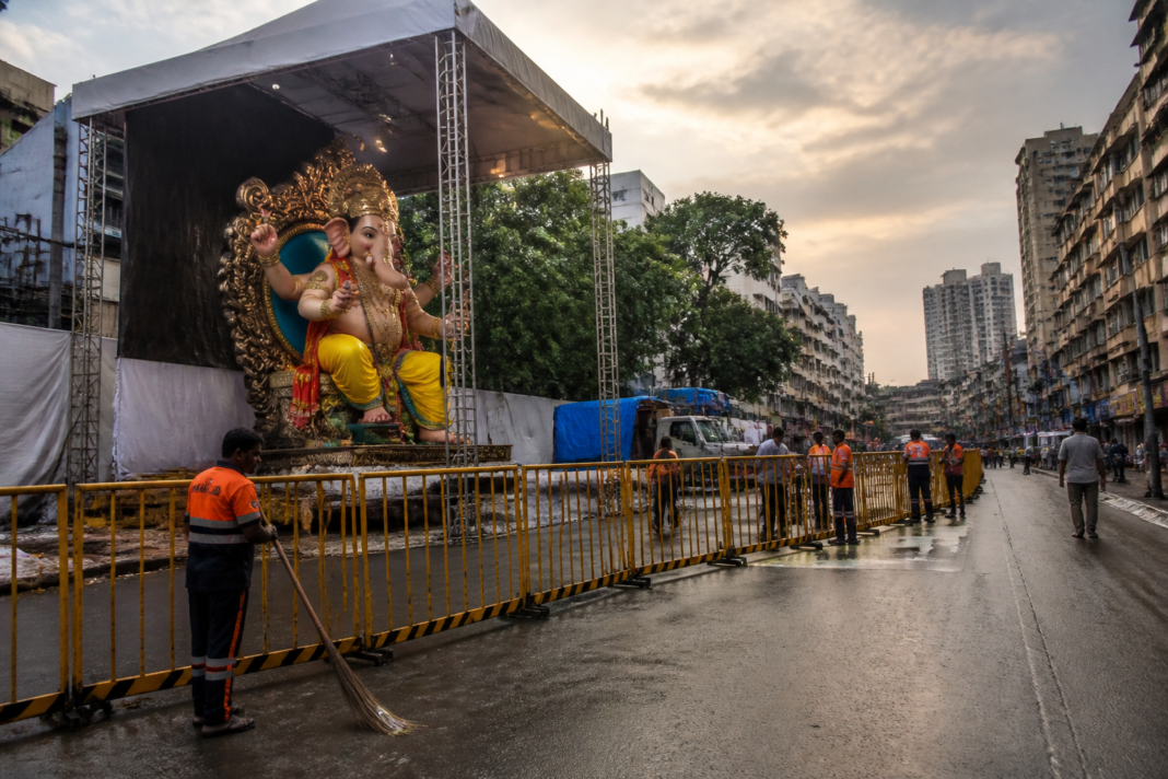 Ganeshotsav security preparations near a public festival venue in Thane, Maharashtra