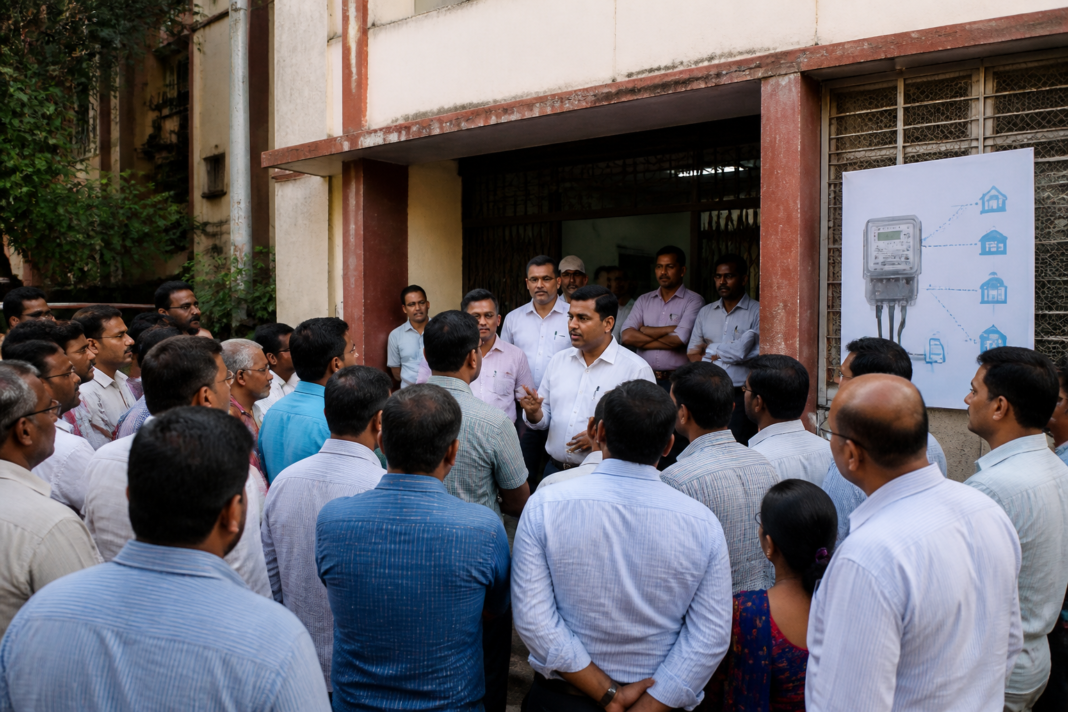 Electricity meter installation equipment outside an MSEDCL office in Vasai-Virar amid a smart meter protest