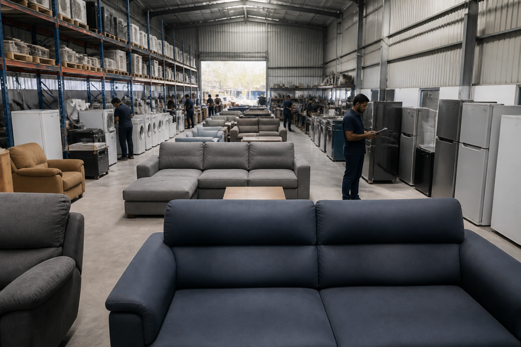 Furniture and appliances arranged in a modern urban rental warehouse representing Rentomojo’s rental model