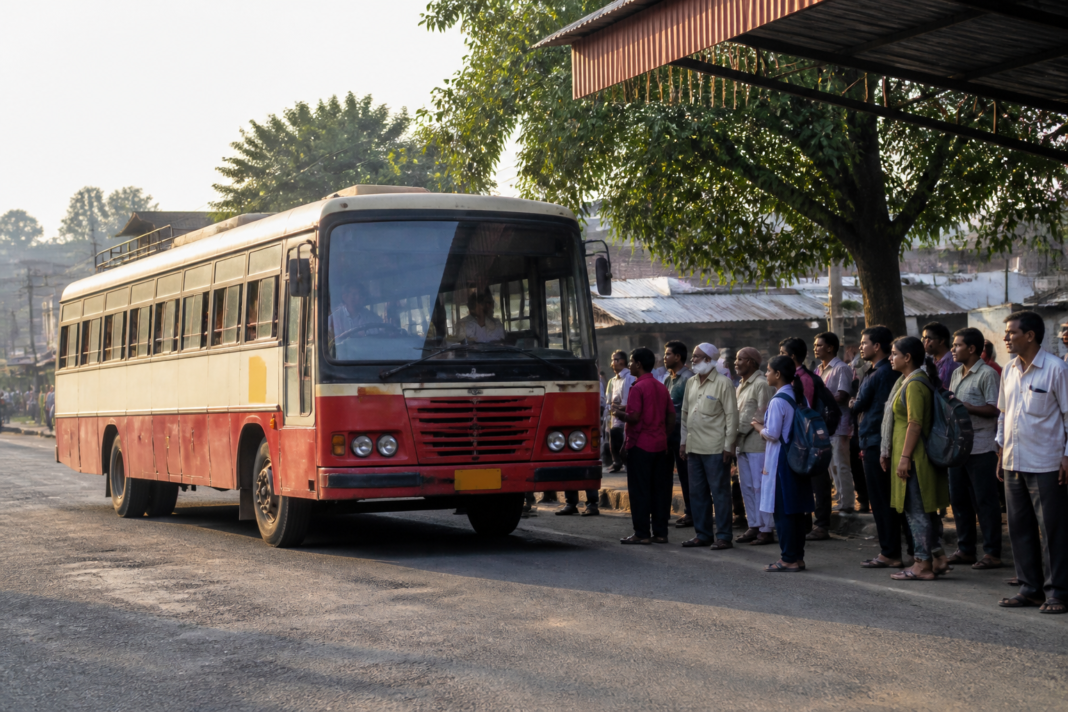 MSRTC bus operating on a rural Maharashtra road as demand-based bus planning reshapes local and regional services