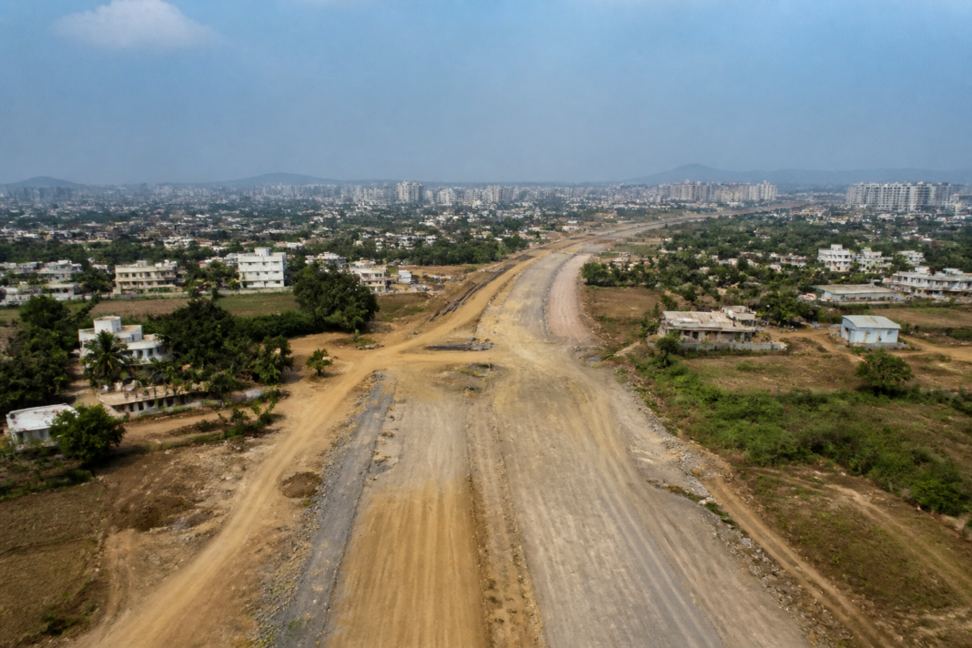 Planned Mumbai-Pune third expressway corridor near Pagote and Chowk, showing a highway alignment and surrounding urban expansion landscape