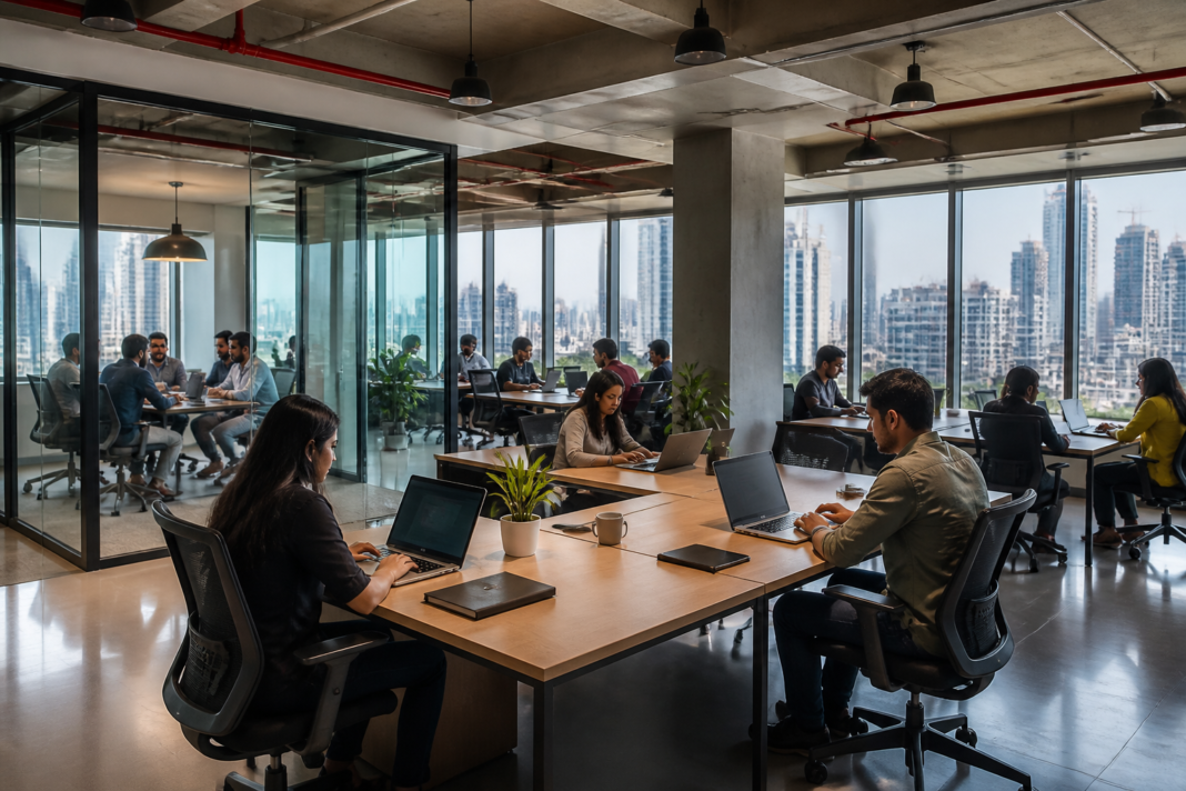 Modern flexible office workspace in an Indian business district representing the growth of coworking spaces in India