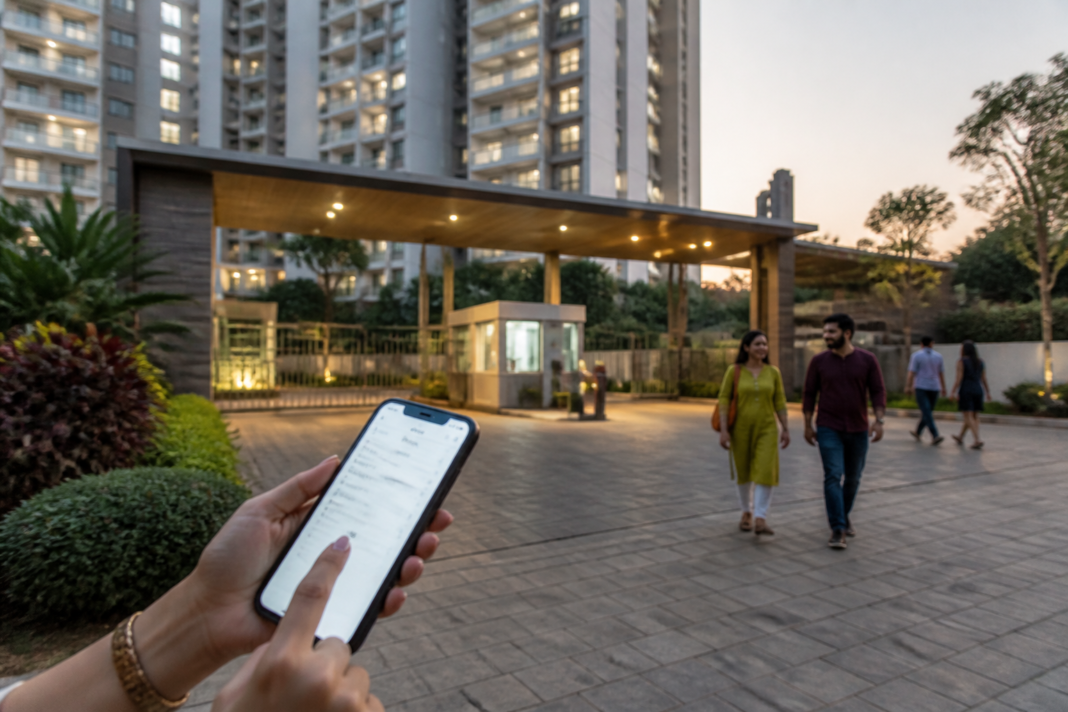 NoBroker housing marketplace and society-management services represented in an urban residential setting