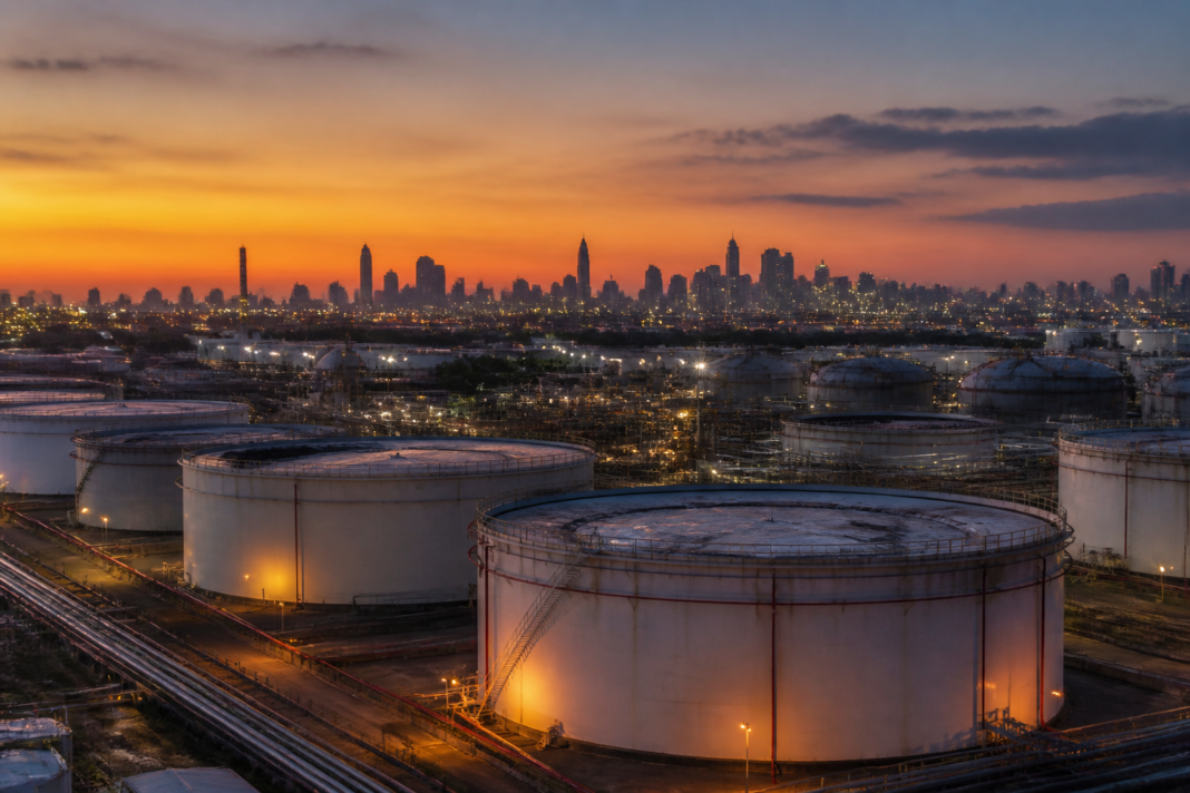 Oil prices and crude oil market represented by storage tanks and pump infrastructure under a city skyline
