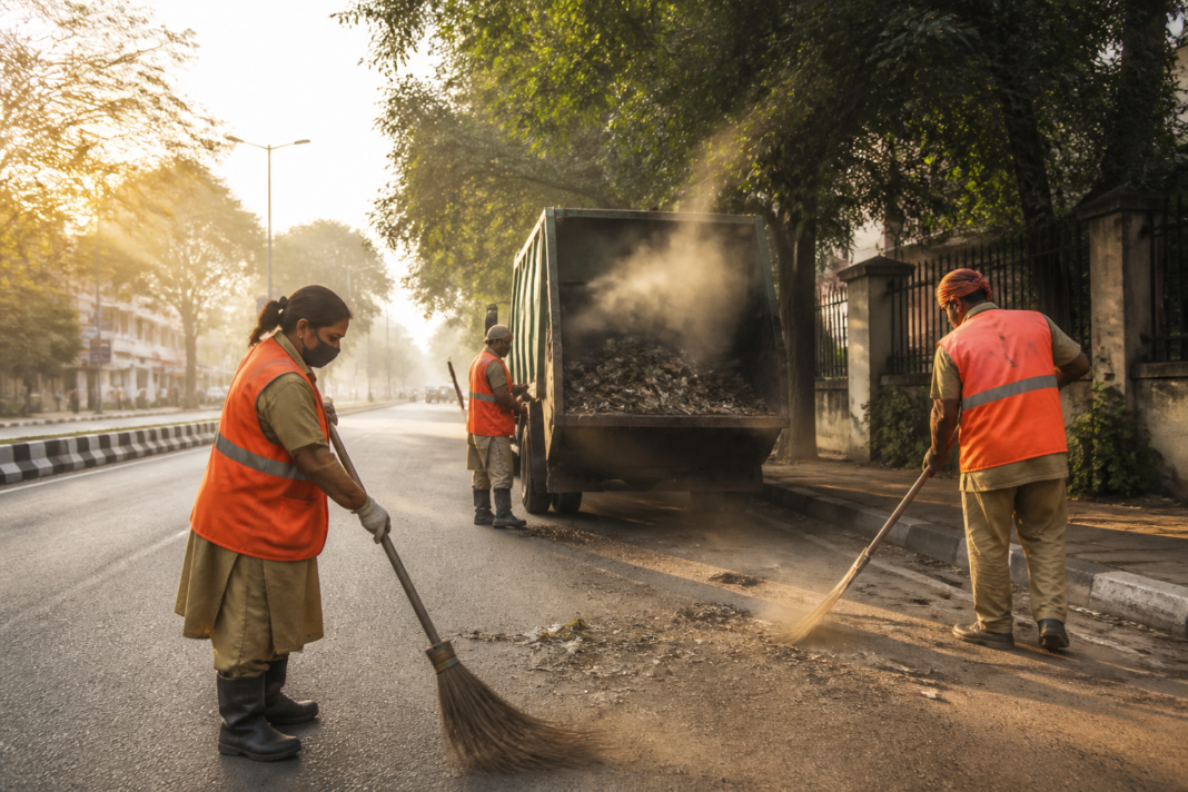 Bengaluru pourakarmikas conducting sanitation work on a city street