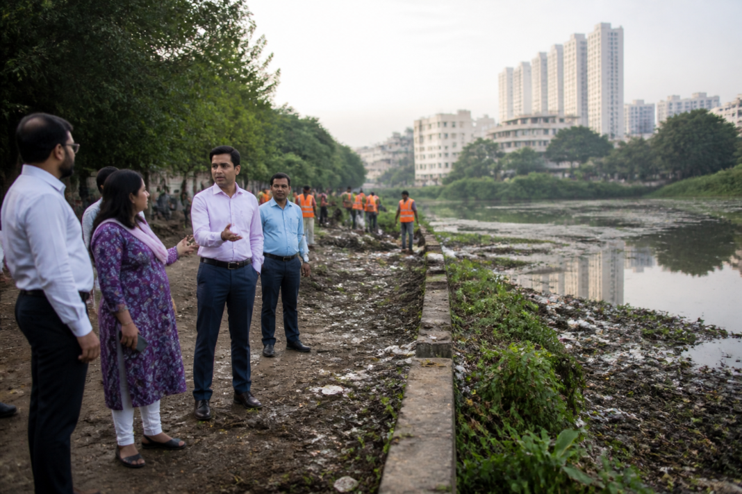 Civic workers and officials inspecting a public area near Agara Lake in Bengaluru