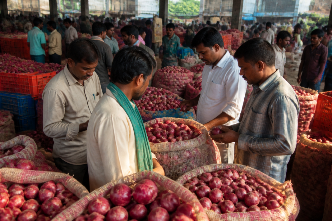 Onions displayed for sale at a wholesale market in Bengaluru as prices rise above ₹70 per kilogram