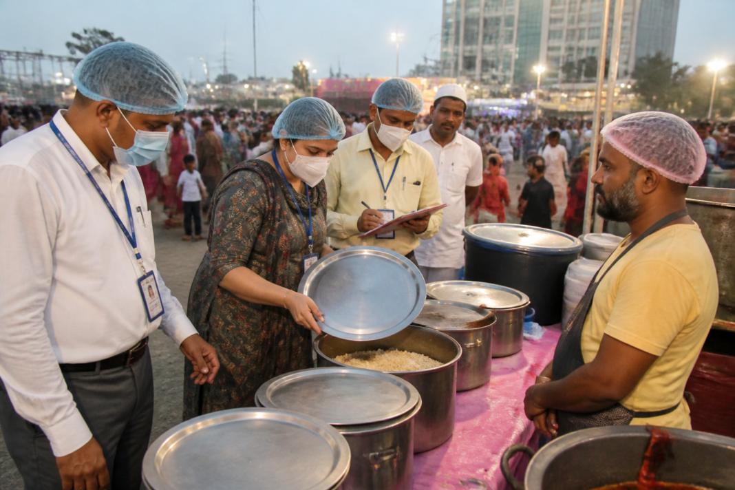 Maharashtra FDA food safety officials inspecting food arrangements at a public festival gathering