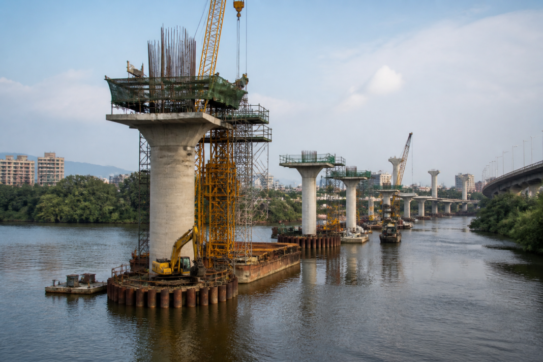 Construction activity on the Gaimukh-Payegaon Bridge project across Thane Creek in Maharashtra