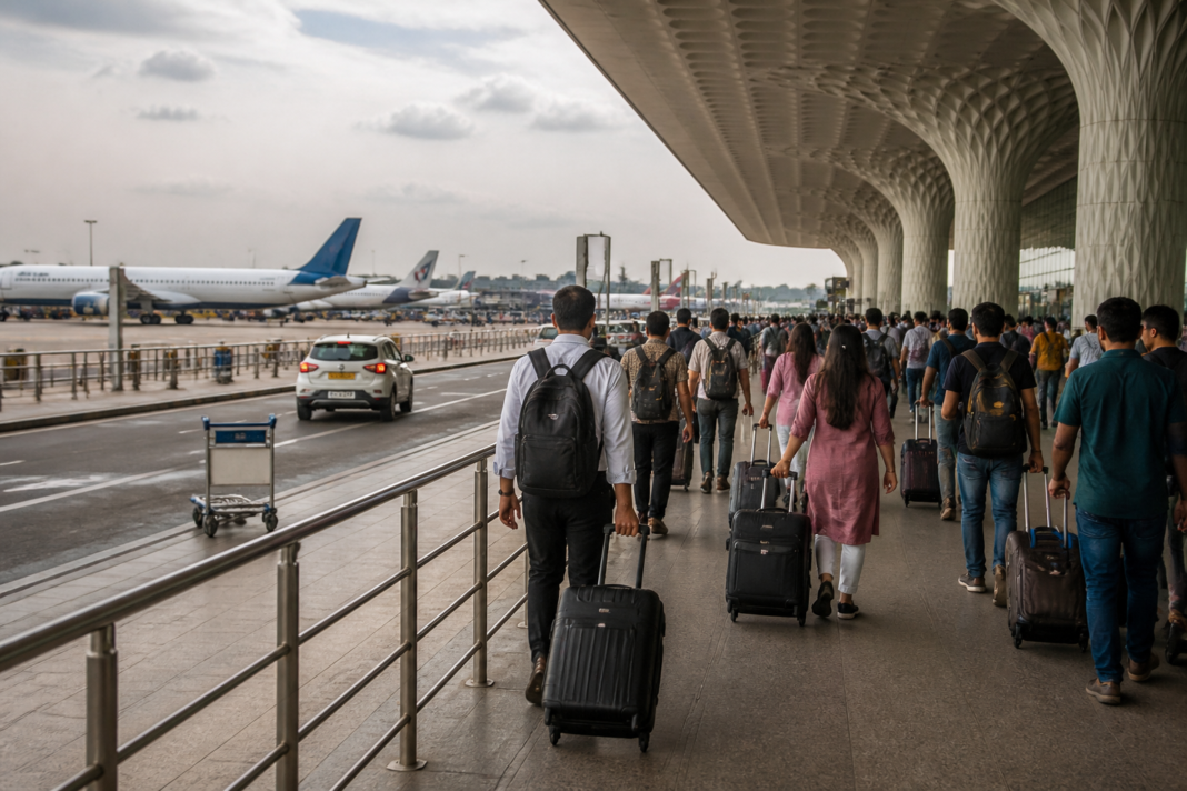 Passengers and aircraft at Mumbai Airport amid flight shifts to Navi Mumbai Airport for Terminal 1 redevelopment
