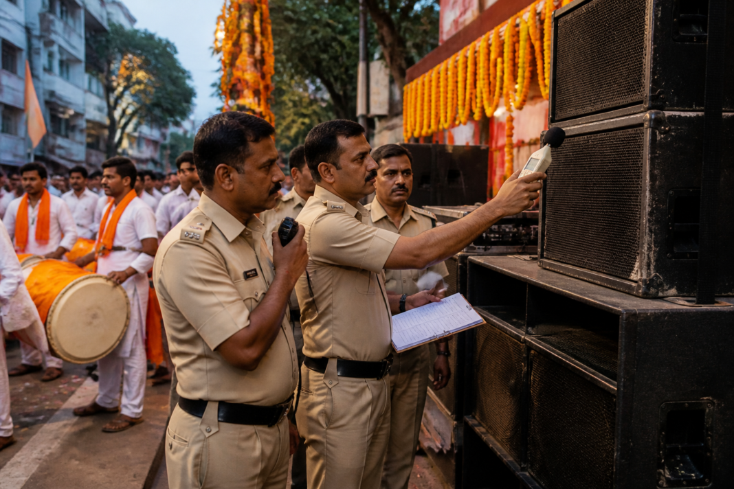 Police inspect loudspeaker equipment during a Dahi Handi celebration in Pune as part of noise pollution checks