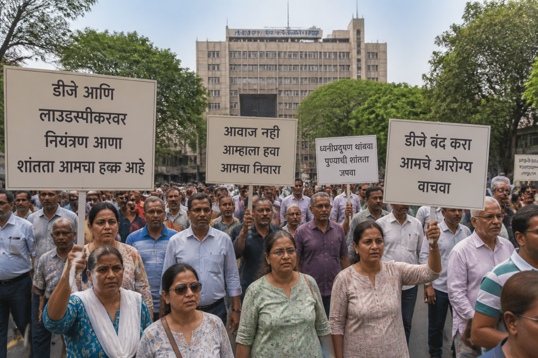 Pune residents marching in a civic protest demanding a DJ ban and restrictions on loudspeakers before Ganeshotsav