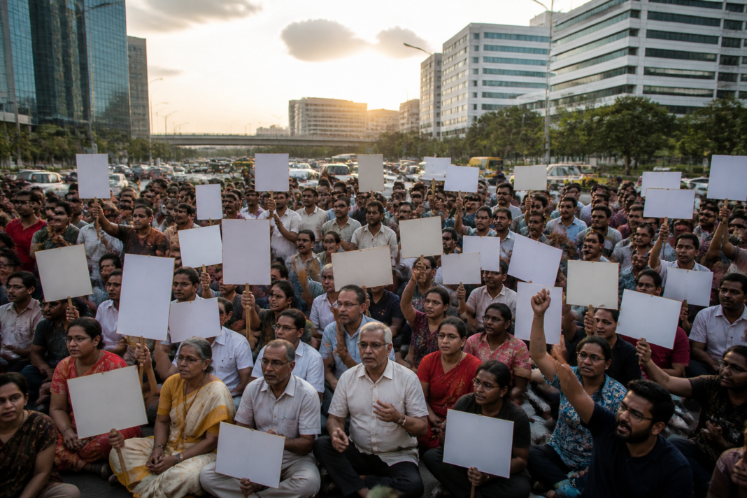 Protesters gather near Infosys Circle in Hinjawadi over the delayed Hinjawadi-Shivajinagar Metro service and local infrastructure problems