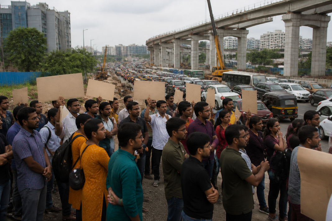 IT employees and residents participating in a silent infrastructure protest near Hinjawadi IT Park in Pune