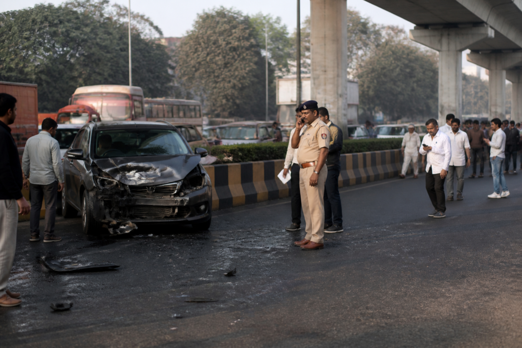 Police investigation area after a car accident in Kalwa, Thane, where a pedestrian died and two people were injured