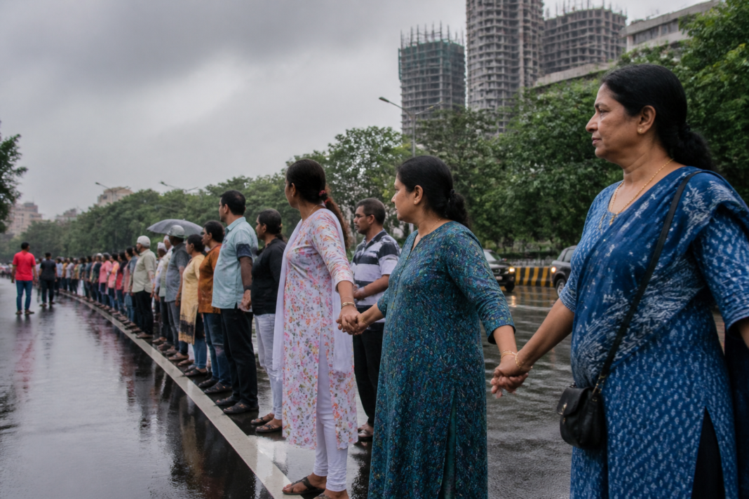 Residents form a human chain on Pokhran Road in Thane to protest the proposed internal circular metro project and tree removal.
