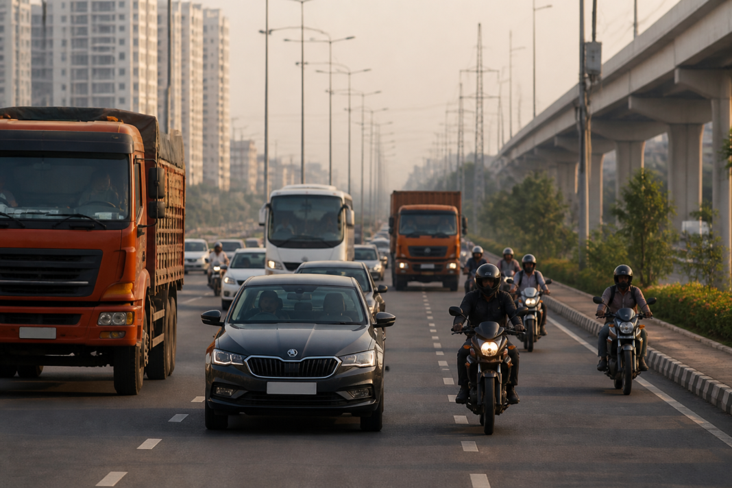 Heavy commercial vehicles and passenger cars on an Indian road, illustrating the auto-component systems expected under Bharat Stage 7 emission norms