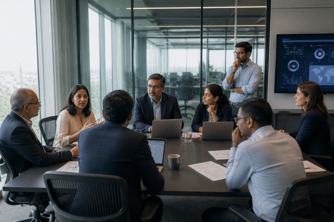 Senior professionals in a modern India GCC office reviewing strategy around a conference table