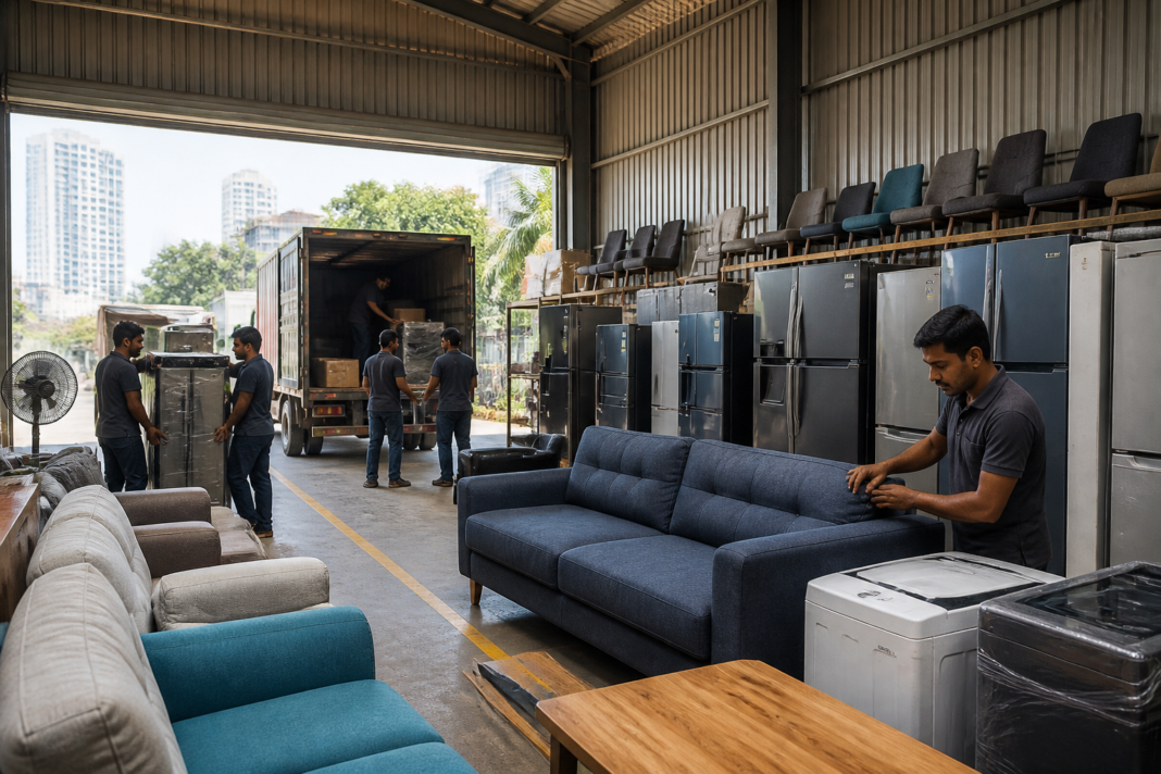 Rental housing furniture and appliances staged in a modern urban warehouse for redeployment