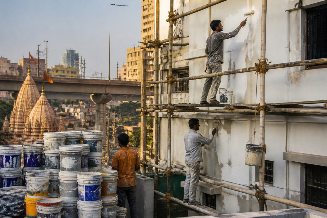 Paint cans and construction materials at an urban building site representing the Indian paint industry and festive-season demand